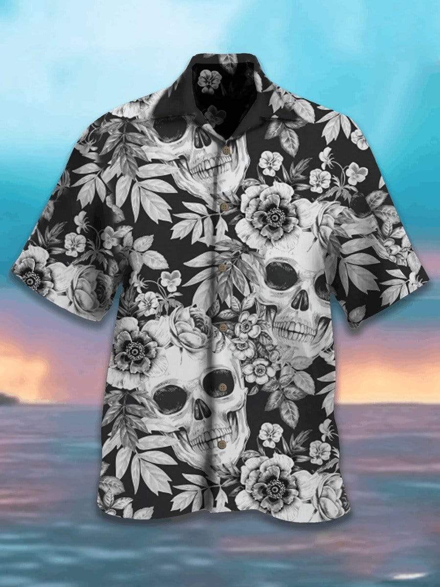 Hawaiian Aloha Shirts Skull Black And White Flowers Hawaiian Shirt