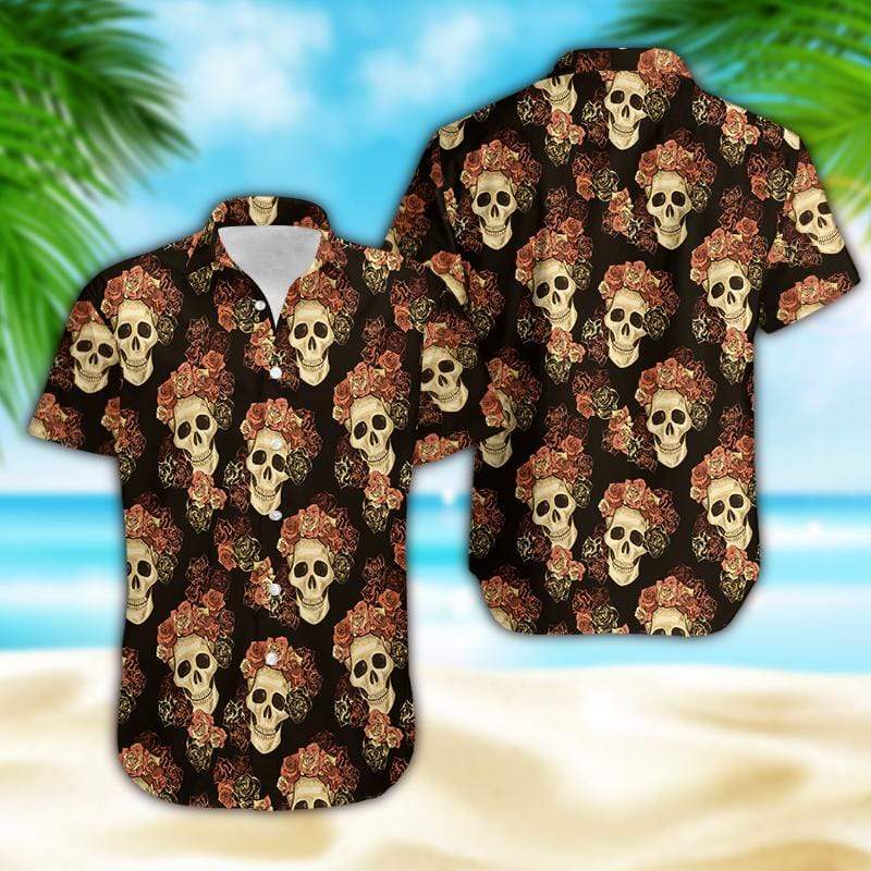 Hawaiian Aloha Shirts Skull Rose Pattern