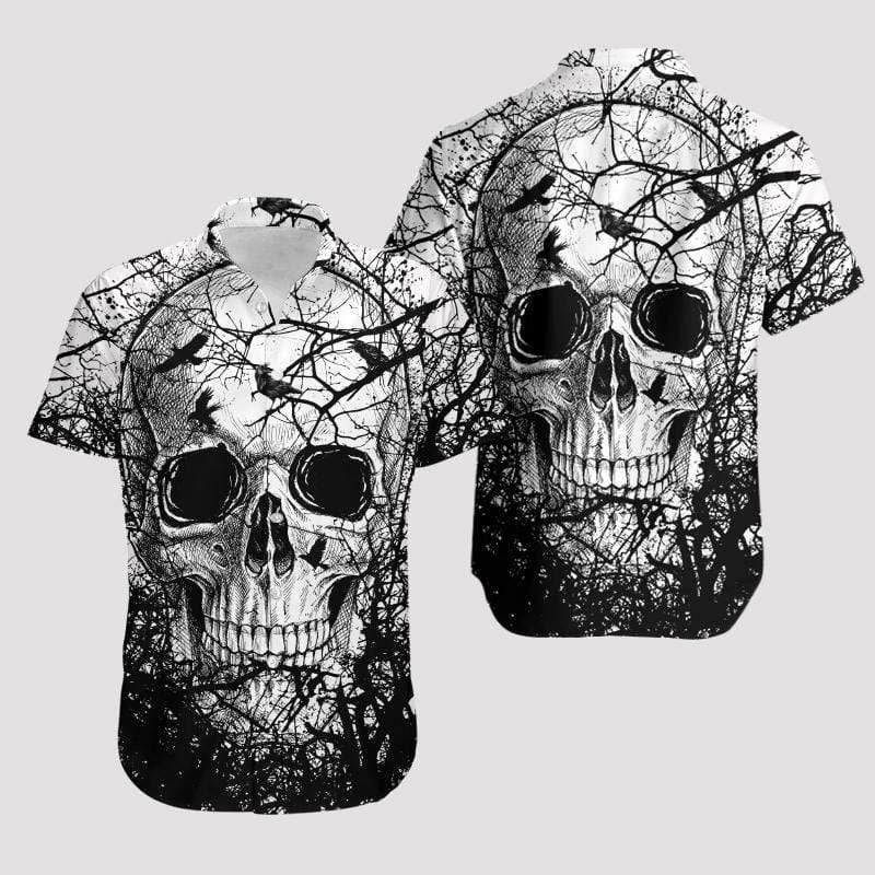 High Quality Skull Crow Black White Hawaiian Aloha Shirts-1