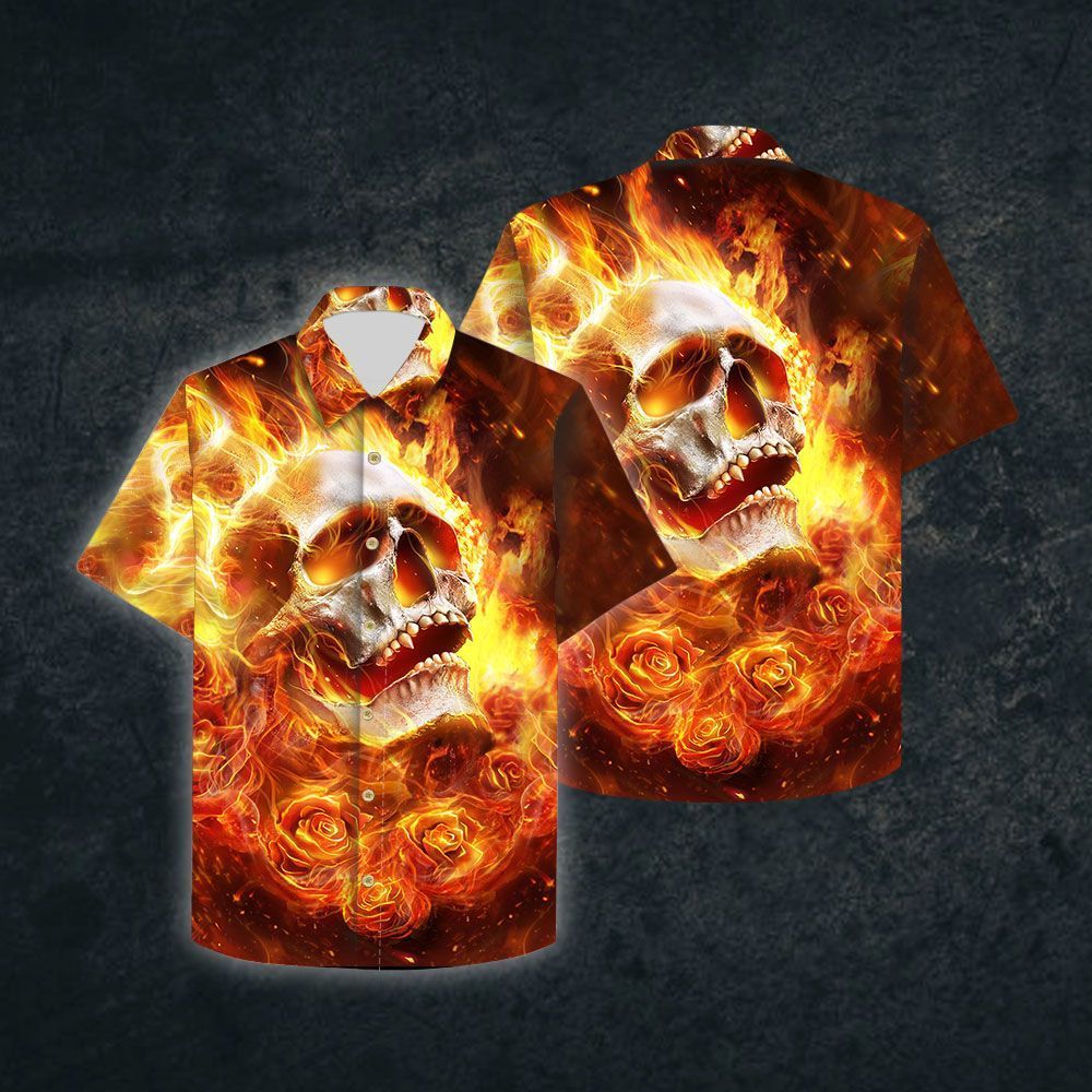 High Quality Skull Rose Skull Fire 3d All Over Hawaiian Shirt