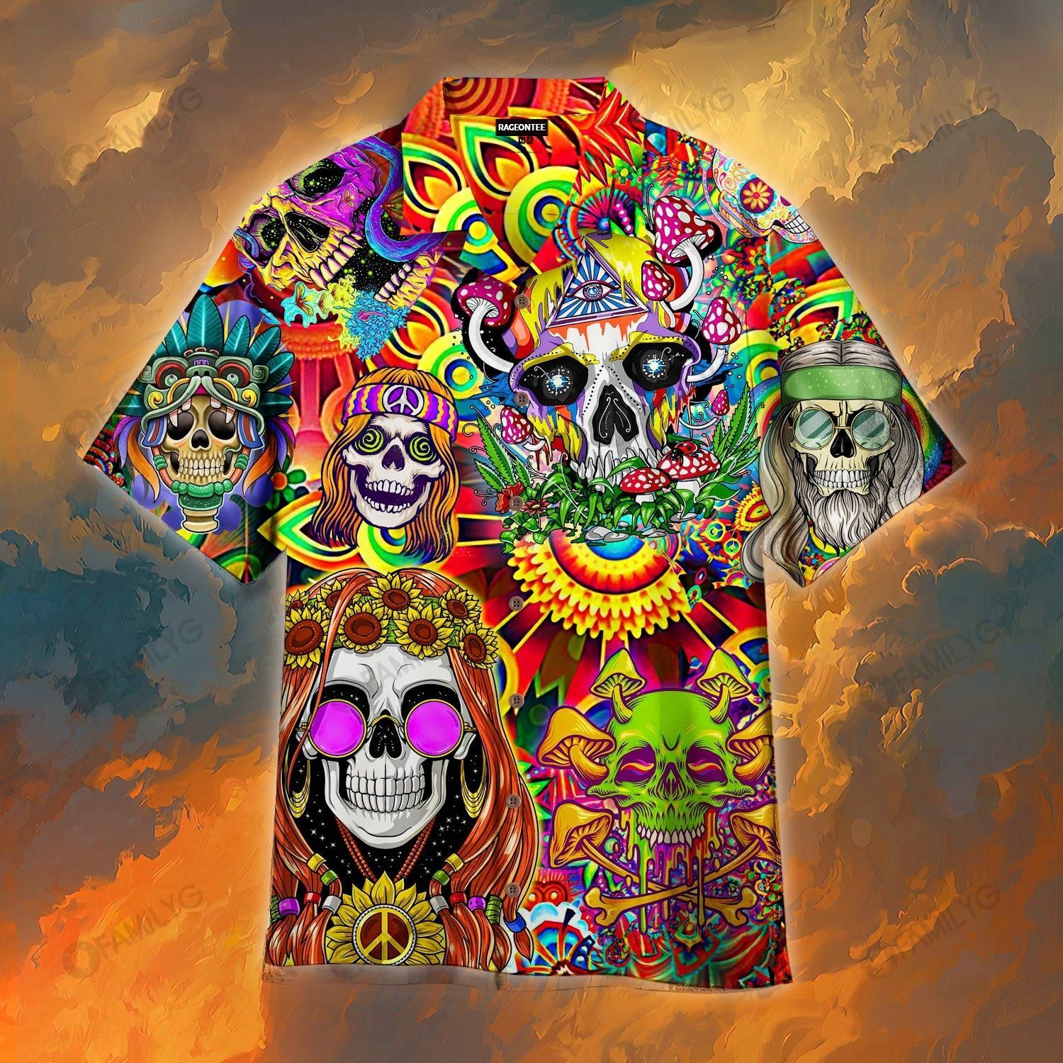 Hippie Skull Colorful Awesome Unisex Hawaiian Shirt