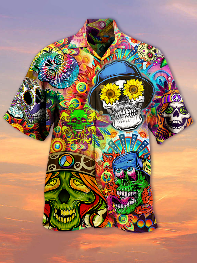 Hippie Skull Unisex Hawaiian Shirt Unisex Full Size Adult Colorful