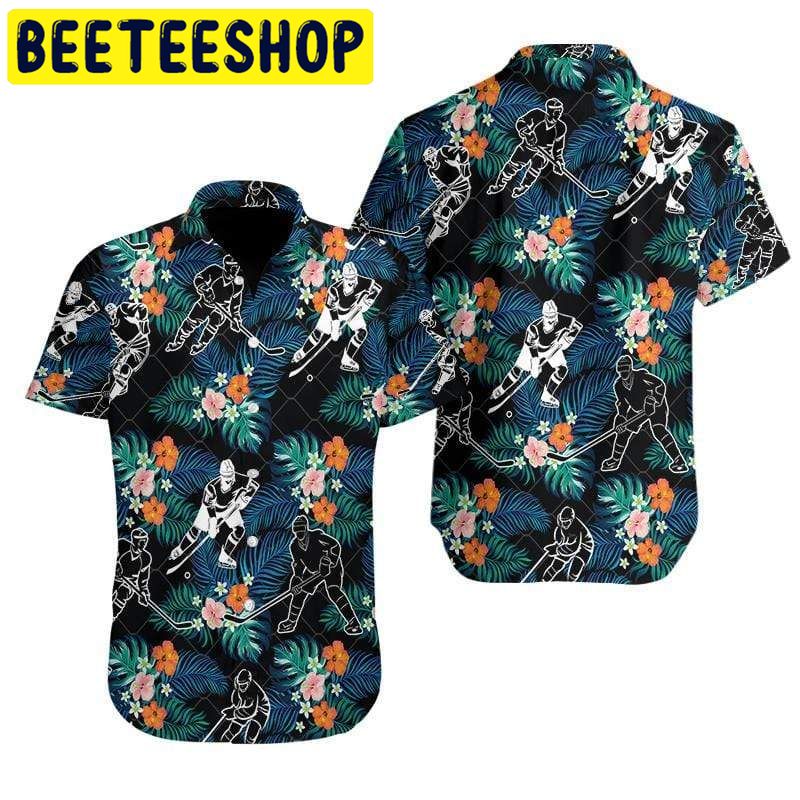 Hockey Player Black Tropical Hibiscus Hawaiian Shirt