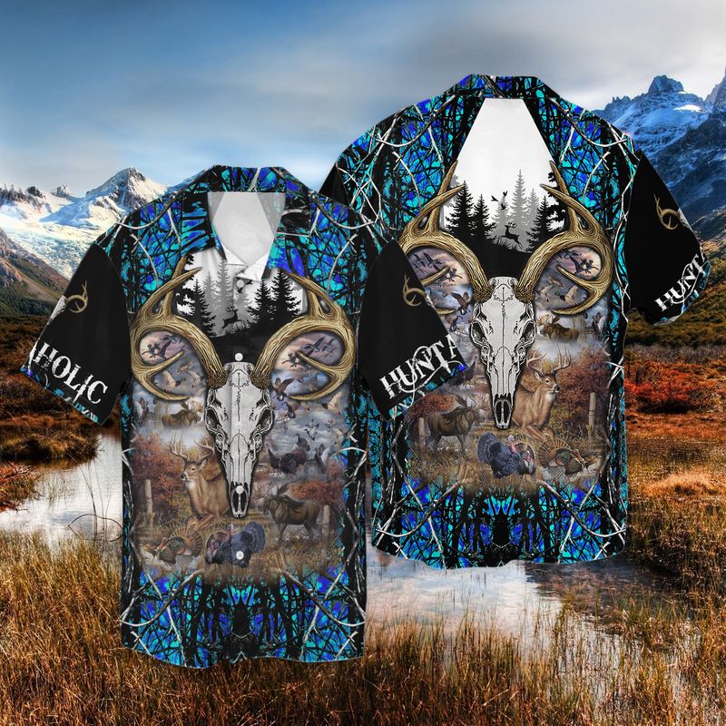 Huntaholic Deer Skull Blue 3d Full Print Hawaiian Shirt