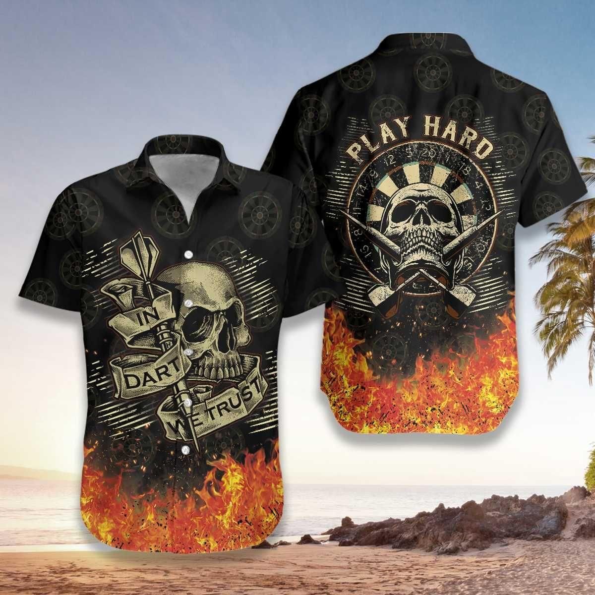 In Dart We Trust Flame Skull Aloha Hawaiian Shirt Colorful Short Sleeve Summer Beach