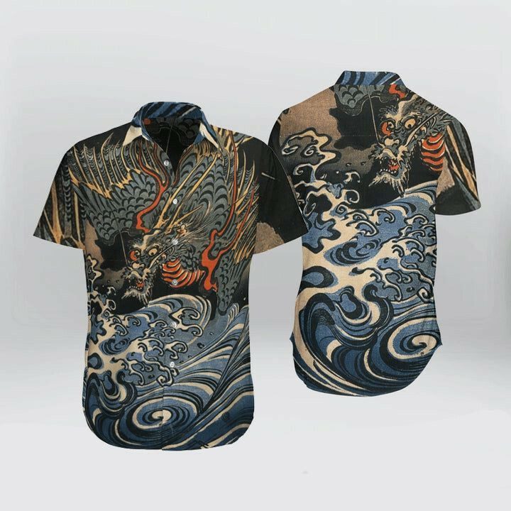 Japanese Aesthetic Ukiyoe Dragon Kanagawa Hawaiian Shirt