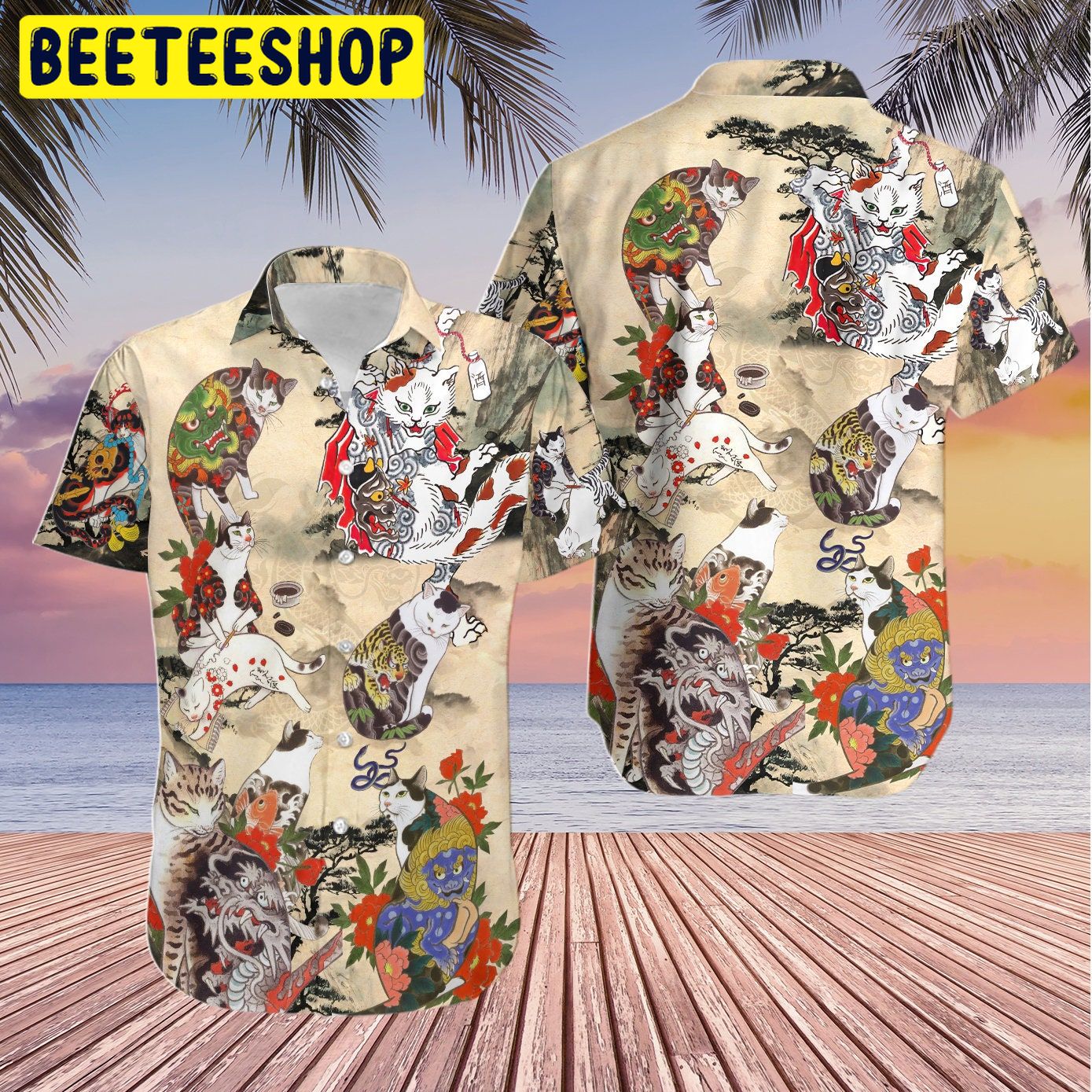 Japanese Cat Tattoo Trending Hawaiian Shirt-1