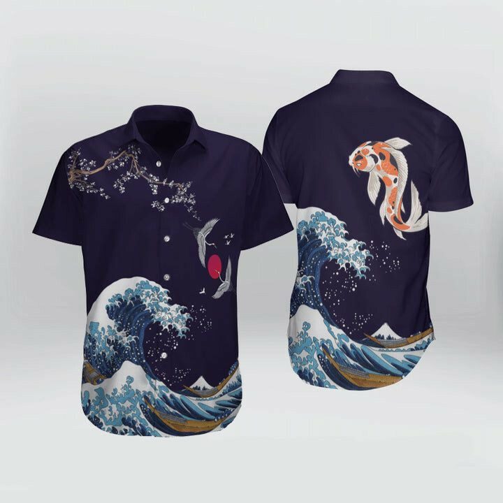 Japanese Waves Crane Koi Fish Hawaiian Shirt