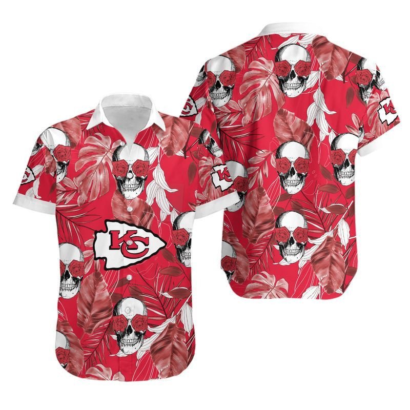 Kansas City Chiefs Coconut Leaves And Skulls Hawaiian Shirt For Fans-1