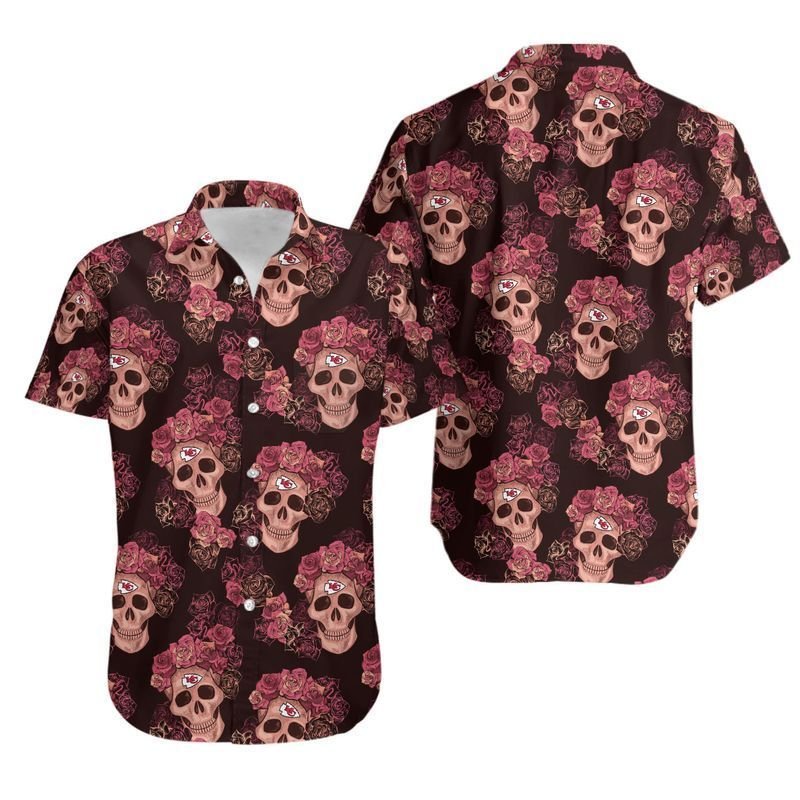 Kansas City Chiefs Mystery Skull And Flower Hawaiian Shirt For Fans-1