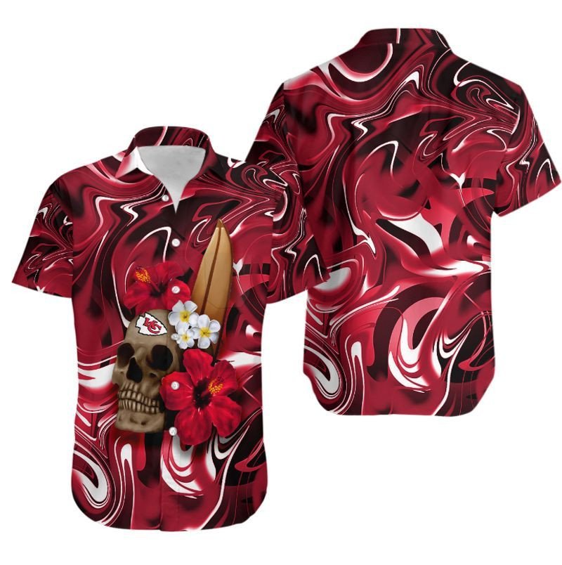 Kansas City Chiefs Skull And Hibiscus Flower Nfl Hawaiian Shirt For Fans-1