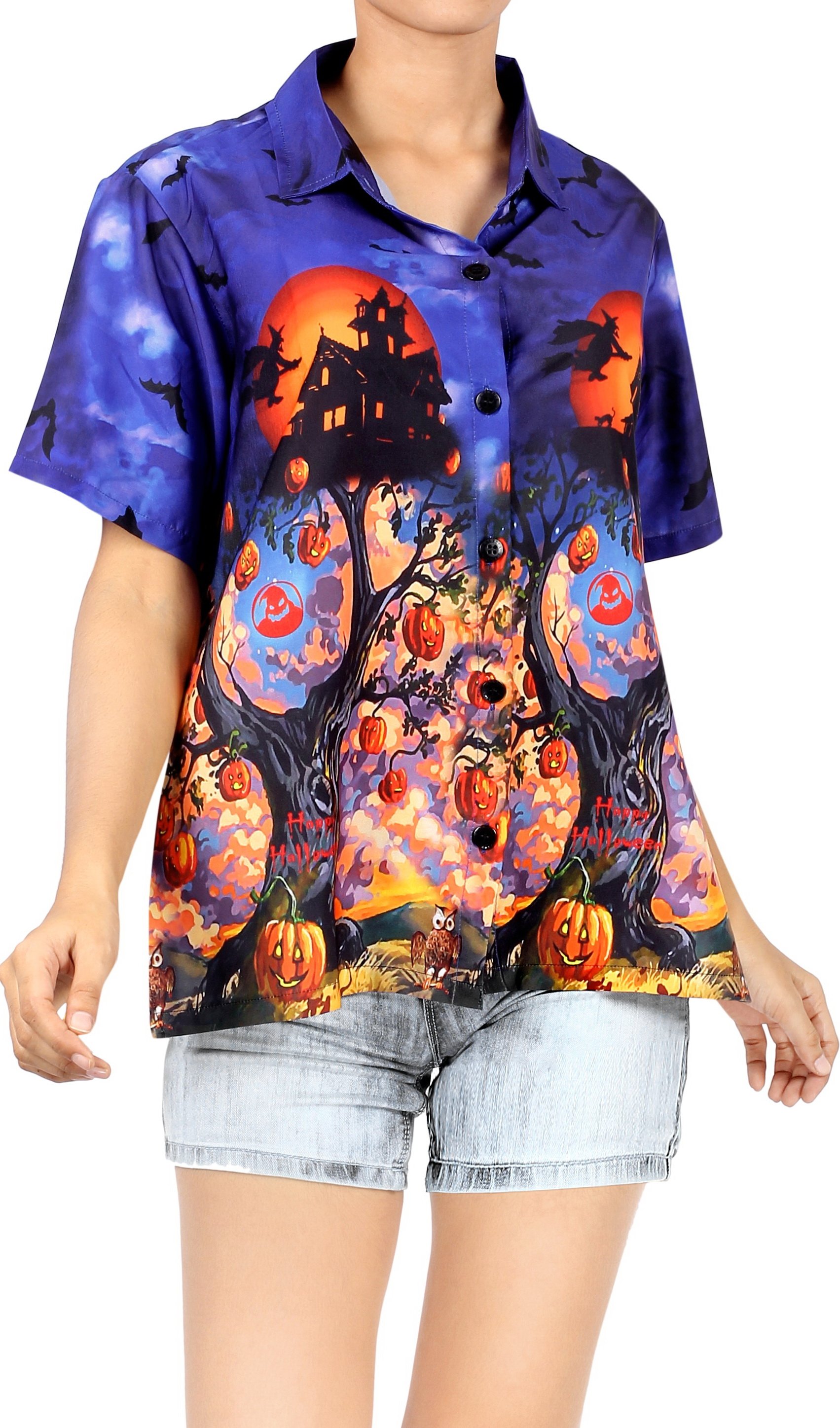 La Leela Women Witch Pumpkin Scary Hawaiian Shirt Halloween Costume Skull Shirt Royal Blue