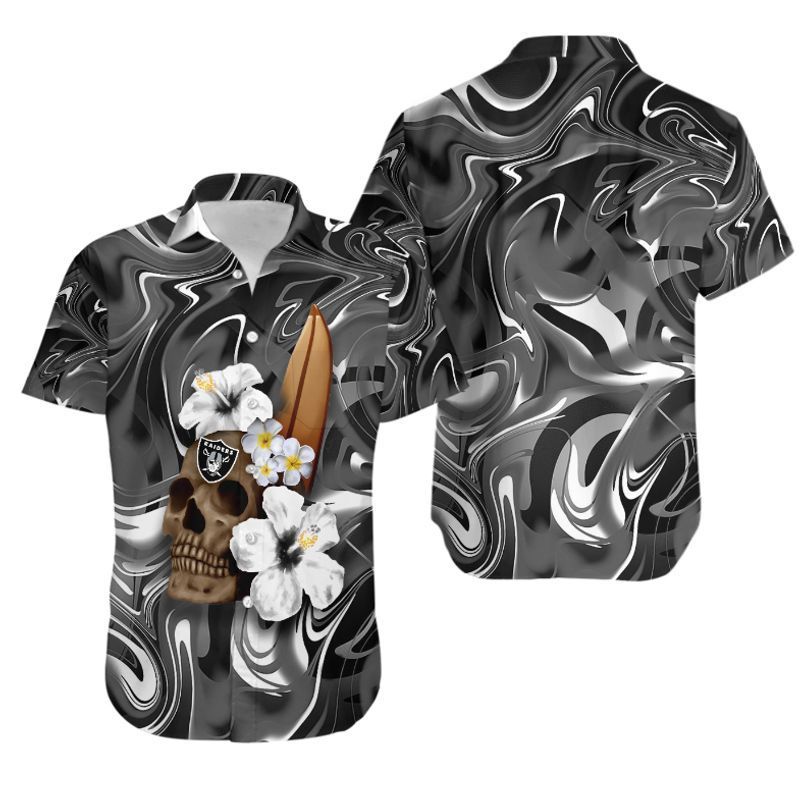 Las Vegas Raiders Skull And Hibiscus Flower Nfl Hawaiian Shirt For Fans-1