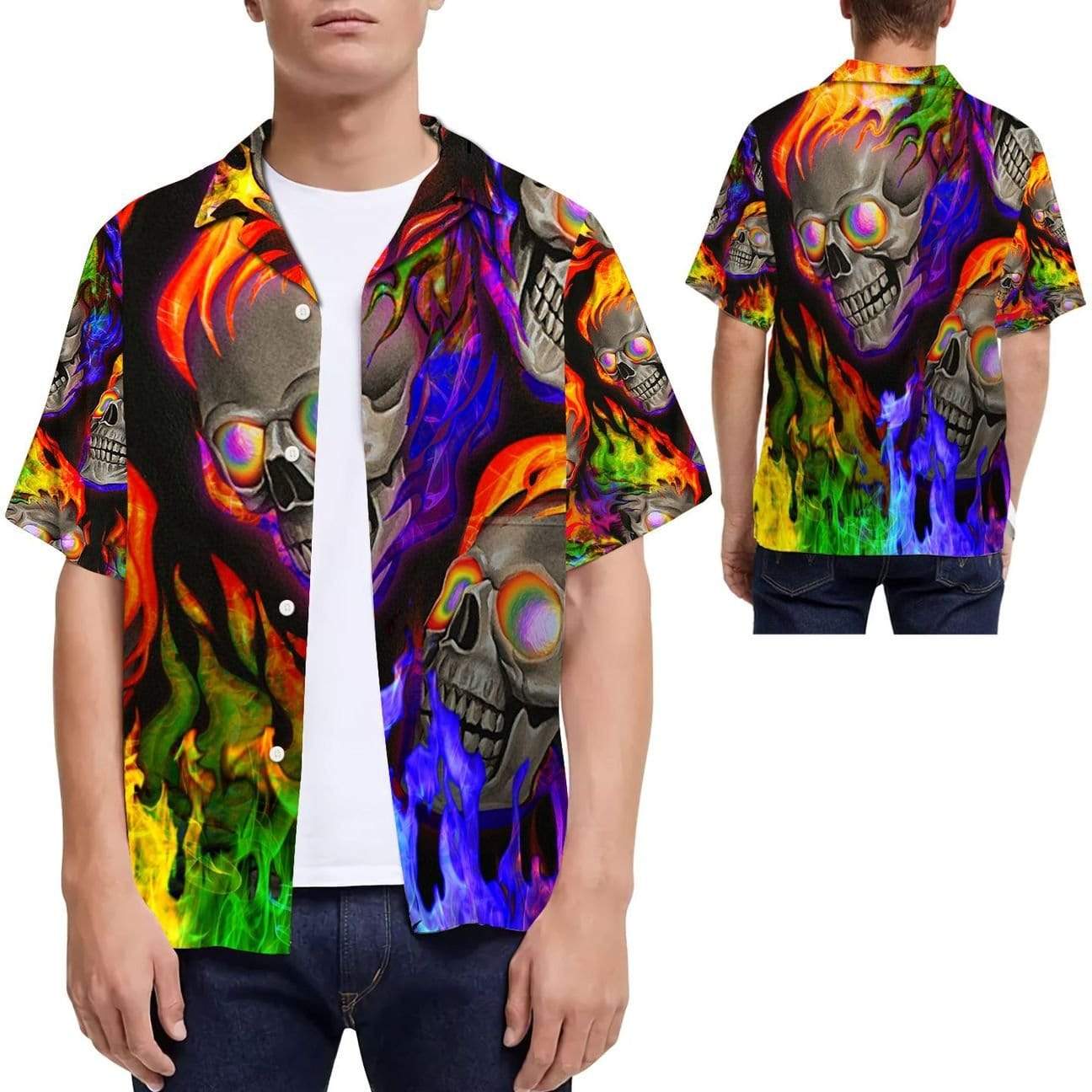 Lgbt+ Pride Rainbow Flame Skull Hawaiian Aloha Shirt
