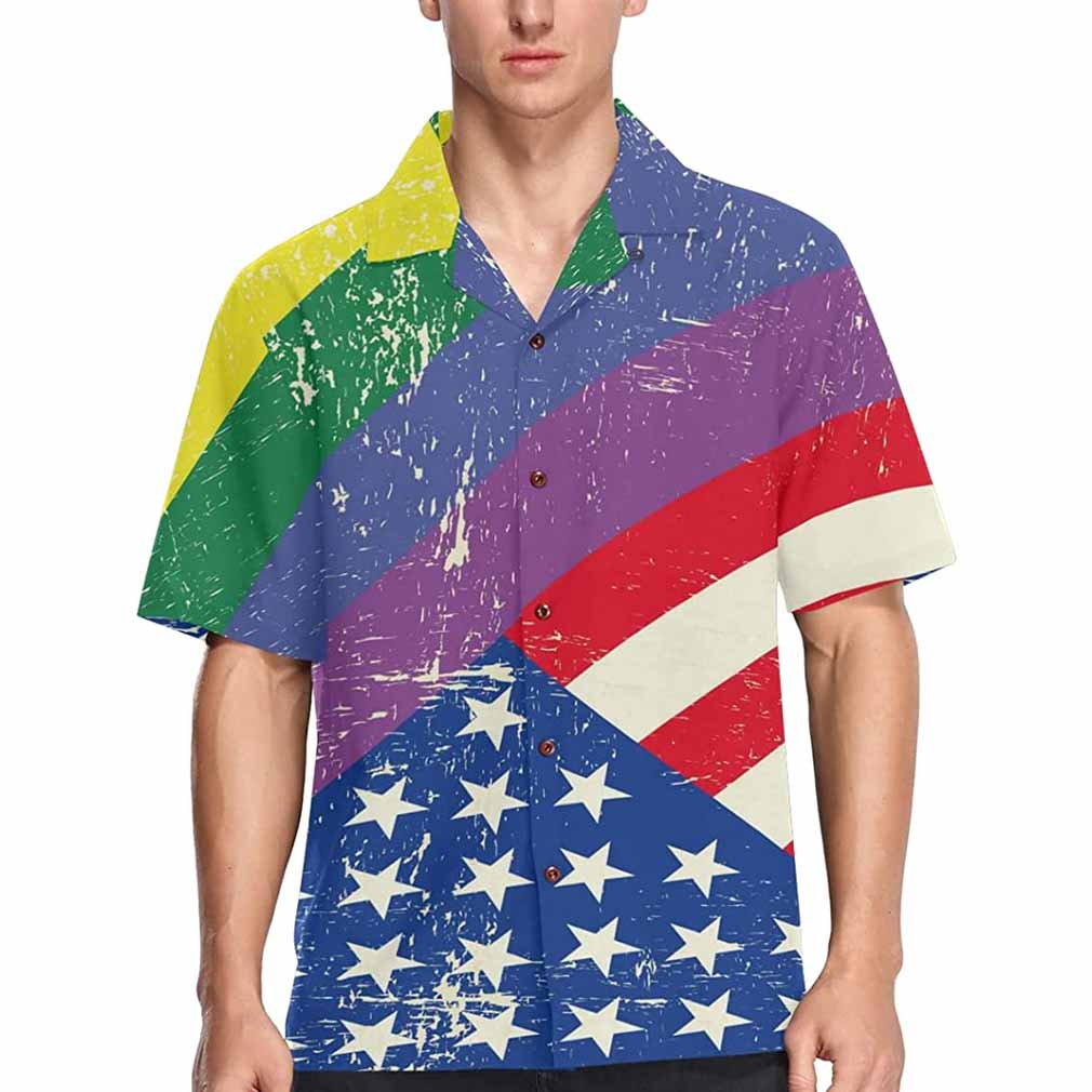 Lgbt Rainbow Mens Hawaiian Shirt American Flag Background Short