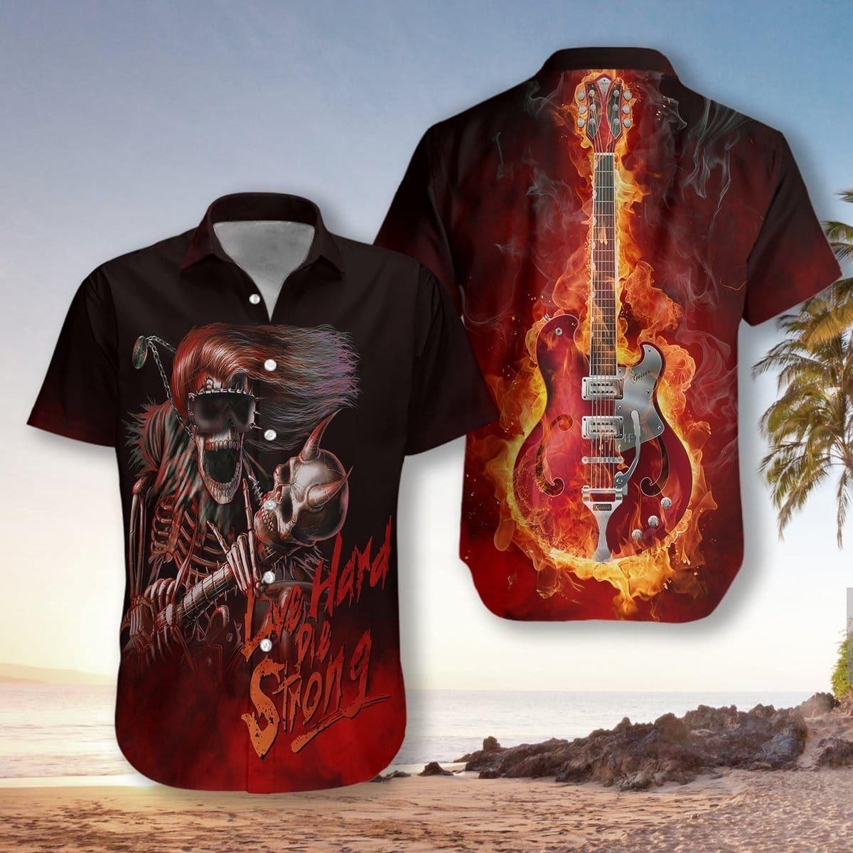 Live Hard Die Strong Skull Guitar Aloha Hawaiian Shirt