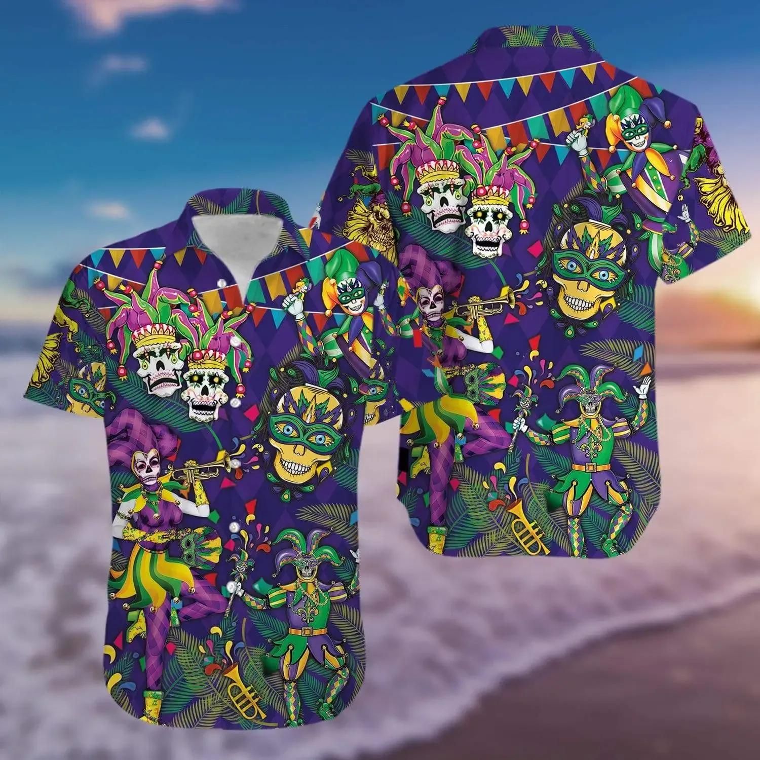 Mardi Gras Clown Skull Happy Purple Hawaiian Shirt Colorful Short Sleeve Summer Beach Casual