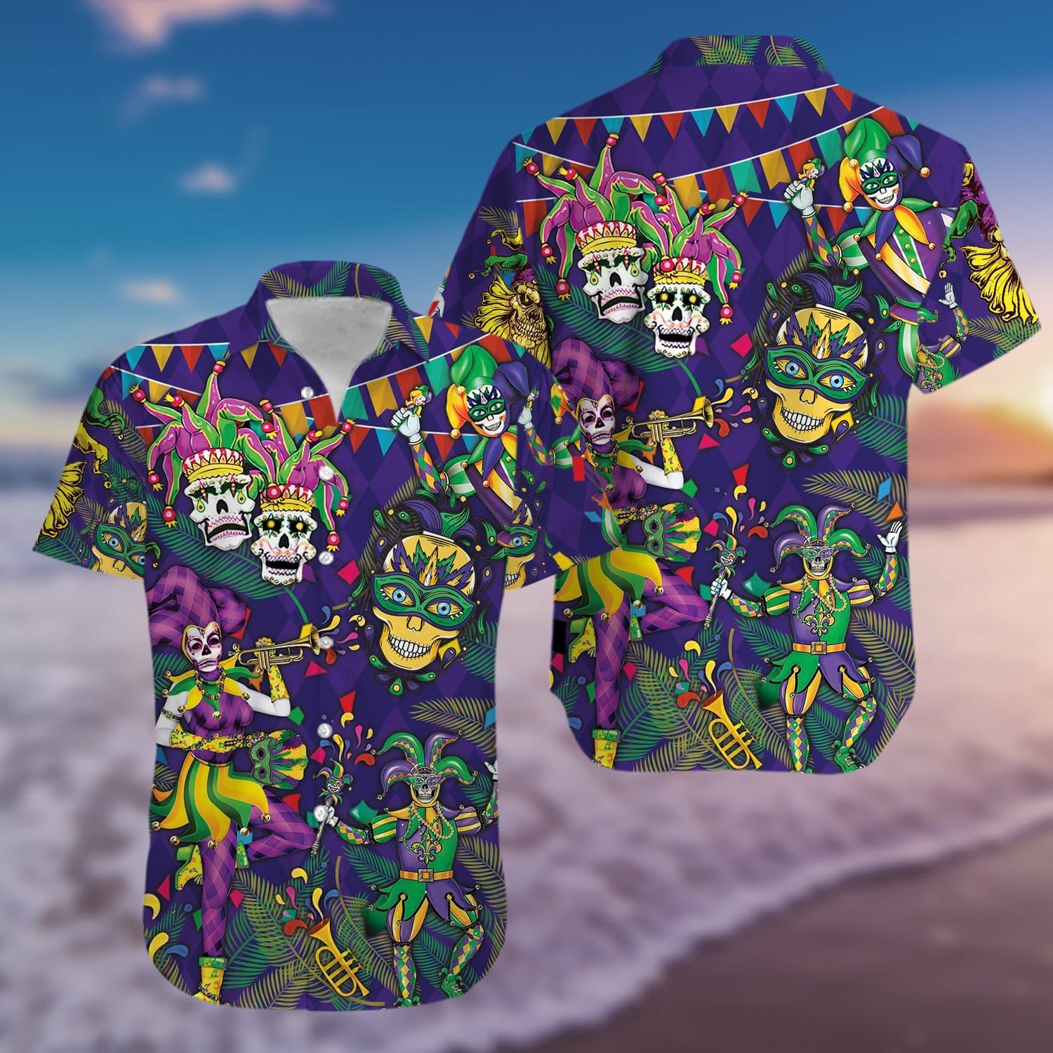 Mardi Gras Clown Skull Purple Hawaiian Shirts