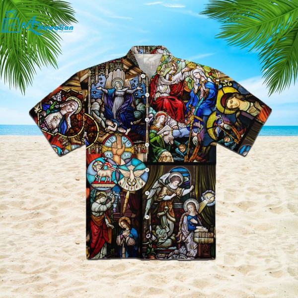Marys Coronation Religious Stained Glass Window Hawaiian Shirt Best Gift Ideas-1