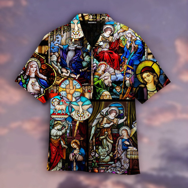 Marys Coronation Religious Stained Glass Window Hawaiian Shirt For Men Women