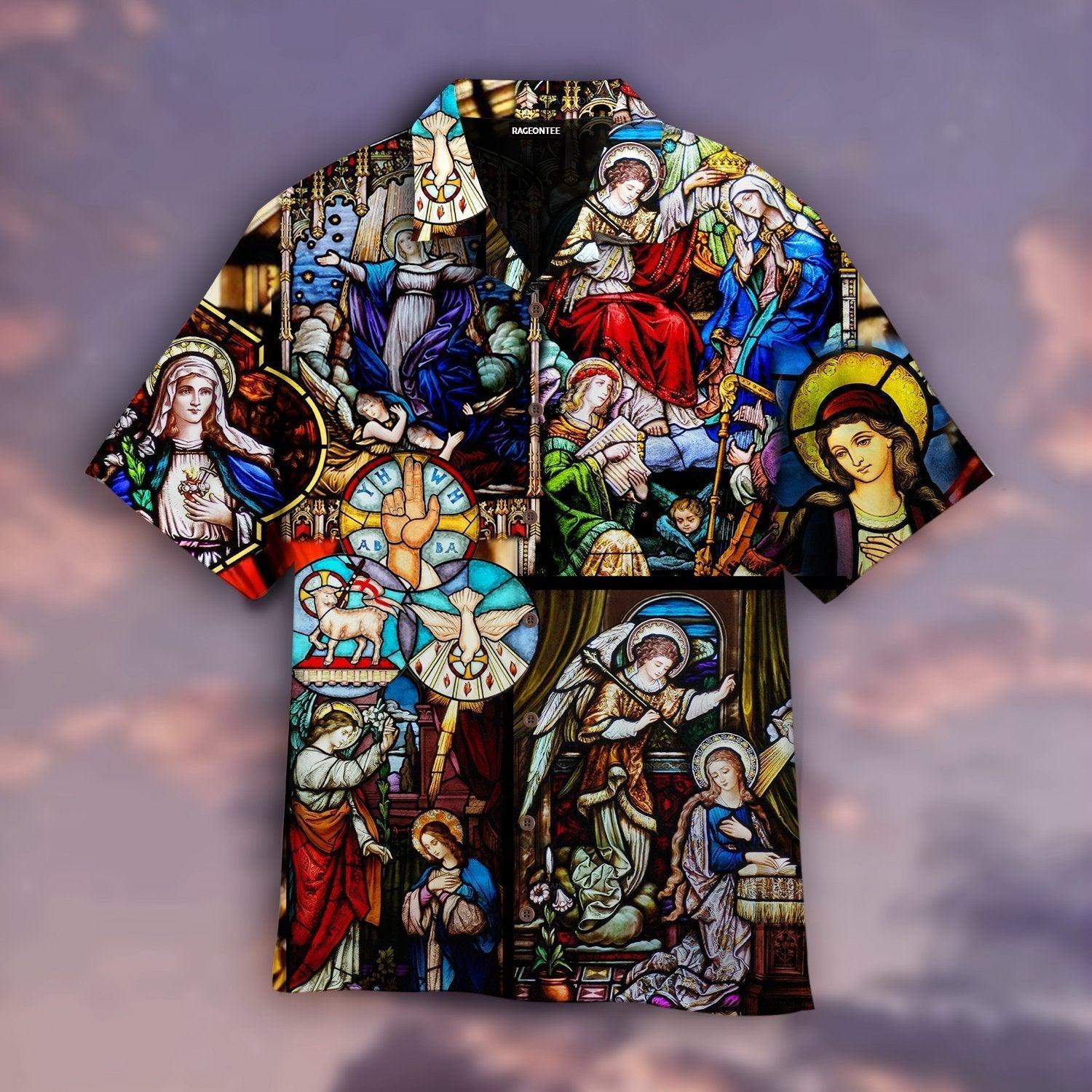 Marys Coronation Religious Stained Glass Window Hawaiian Shirt