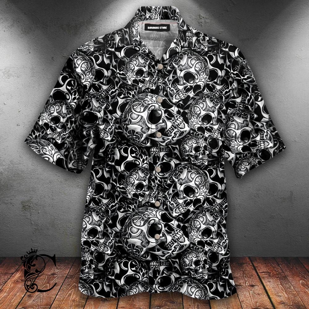 Matrix Iron Skull B W Aloha Hawaiian Shirt