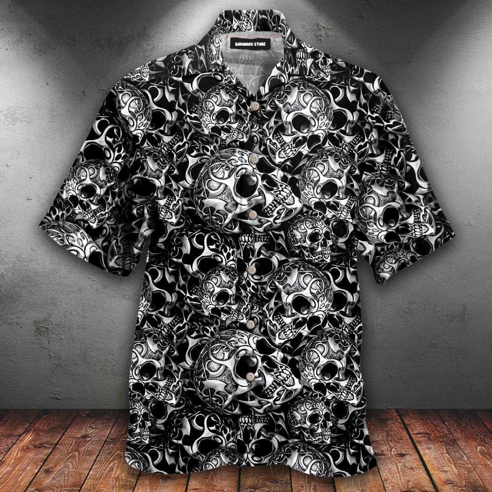 Matrix Iron Skull B W Aloha Hawaiian Shirts Dh-1