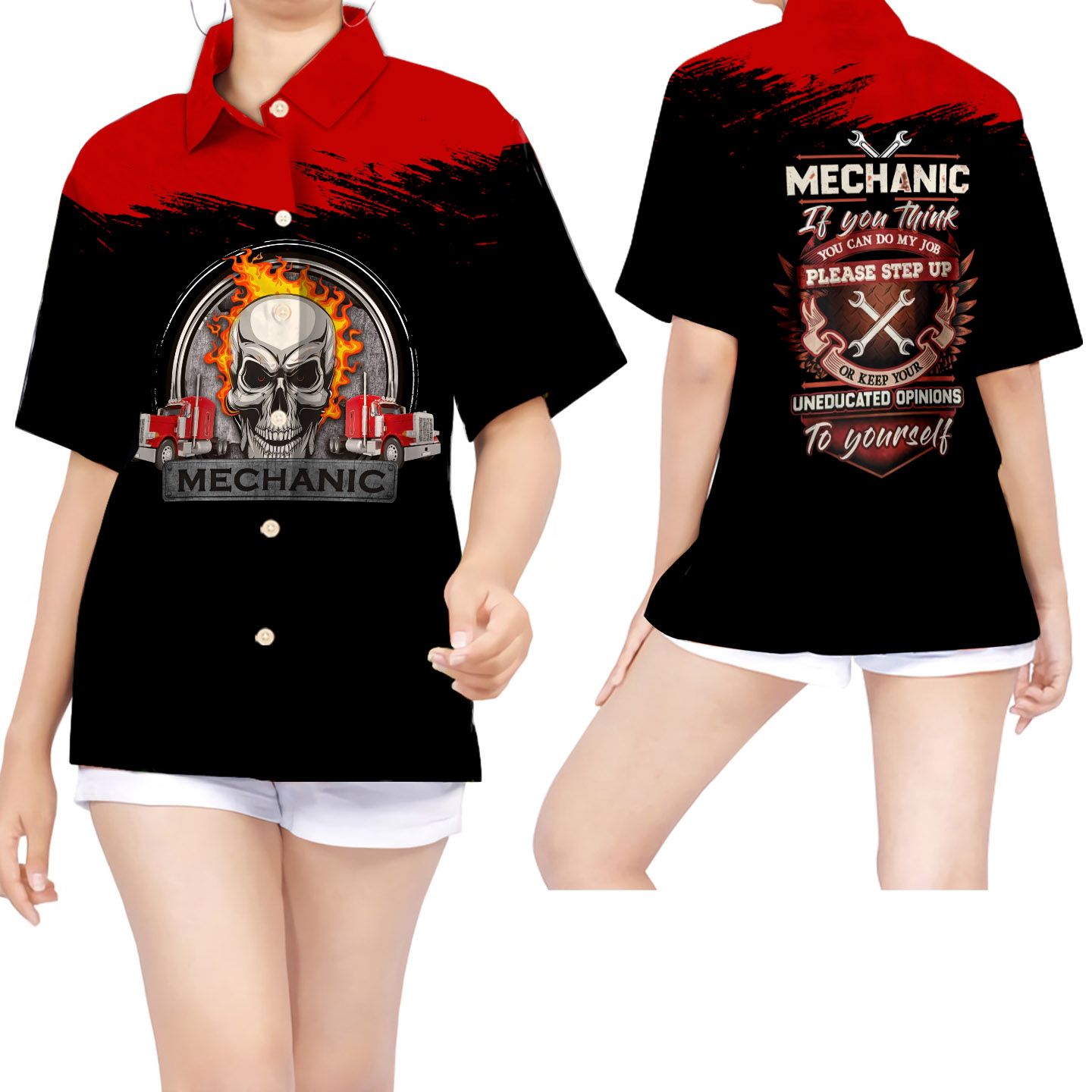 Mechanic Skull Women Hawaiian Shirt For Mechanics Lovers In Daily Life