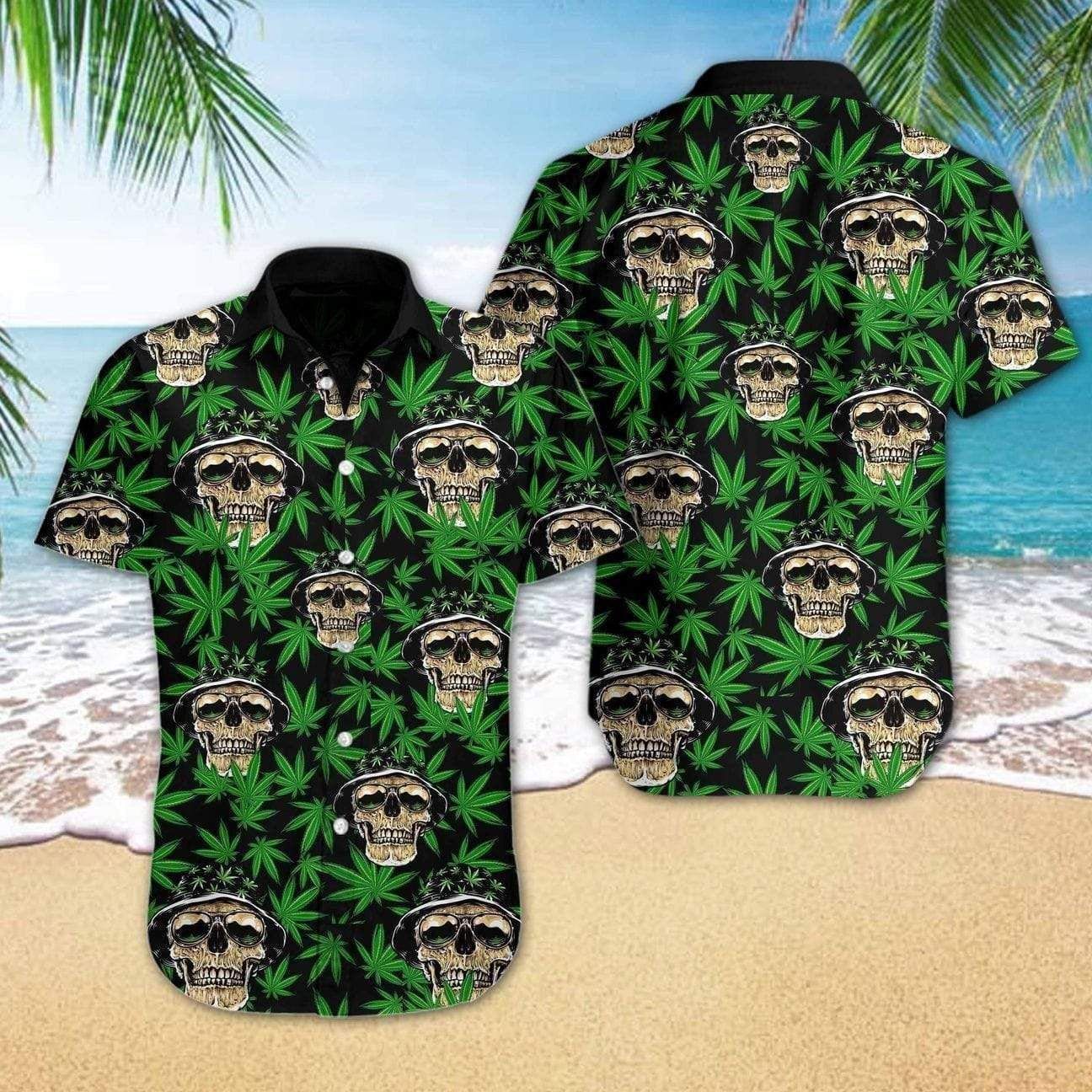 Mega Cool Skull Weed Cannabis Tropical Hawaiian Aloha Shirts