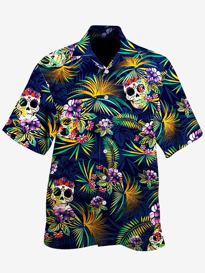 Mens Happy Mardi Gras Skull Print Cotton Blend Short Sleeve Hawaiian Shirt