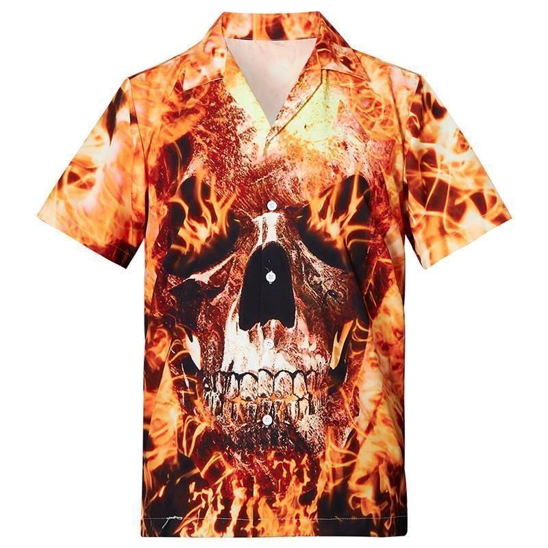 Mens Hawaiian Shirts Fire Skull-