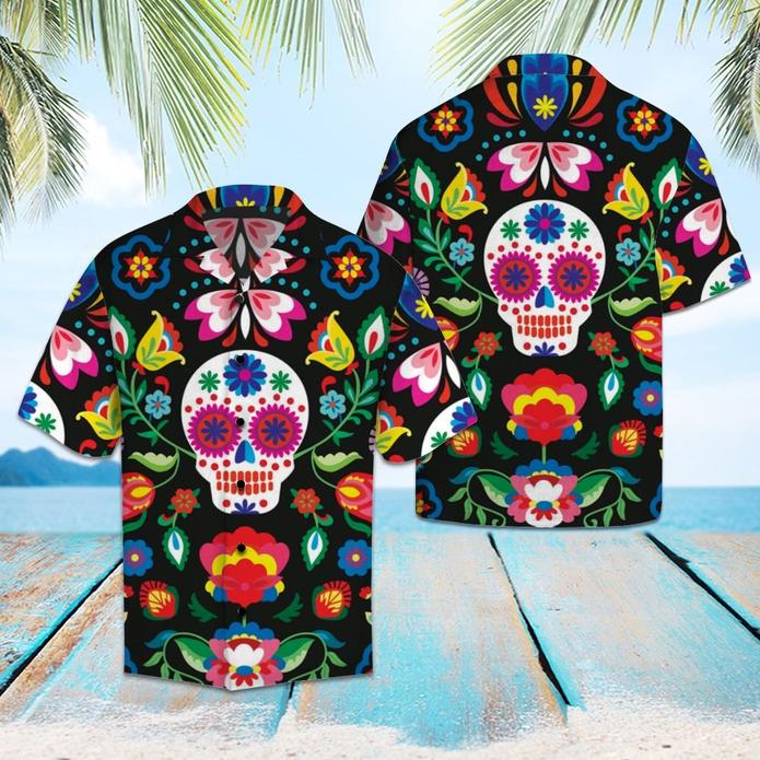 Mexican Sugar Skull Tropical Polyester Hawaiian Shirt-1