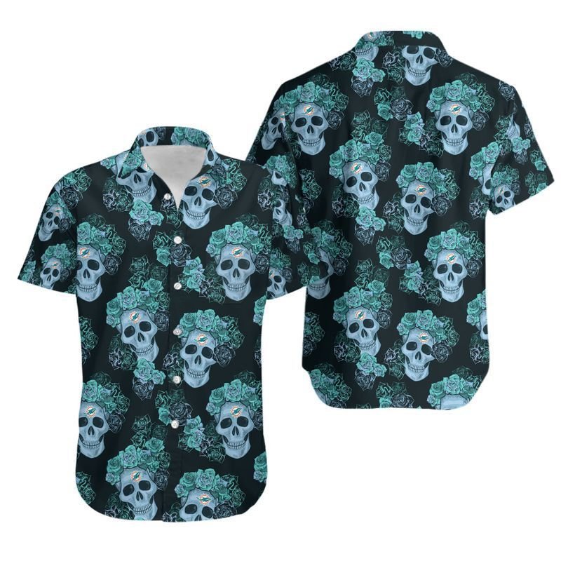 Miami Dolphins Mystery Skull And Flower Hawaiian Shirt For Fans-1