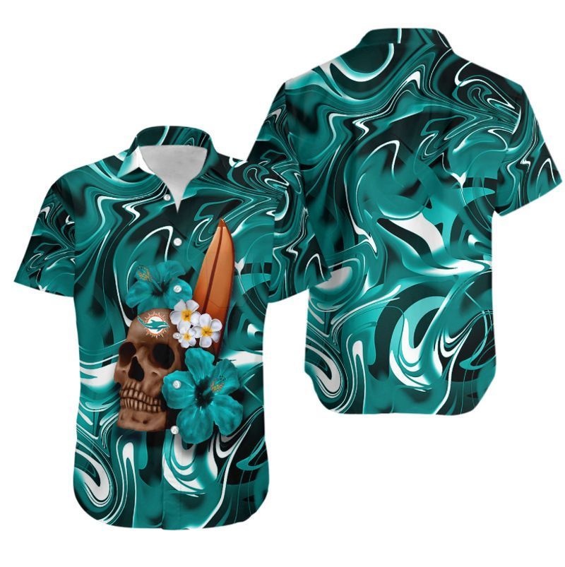 Miami Dolphins Skull And Hibiscus Flower Nfl Hawaiian Shirt For Fans-1