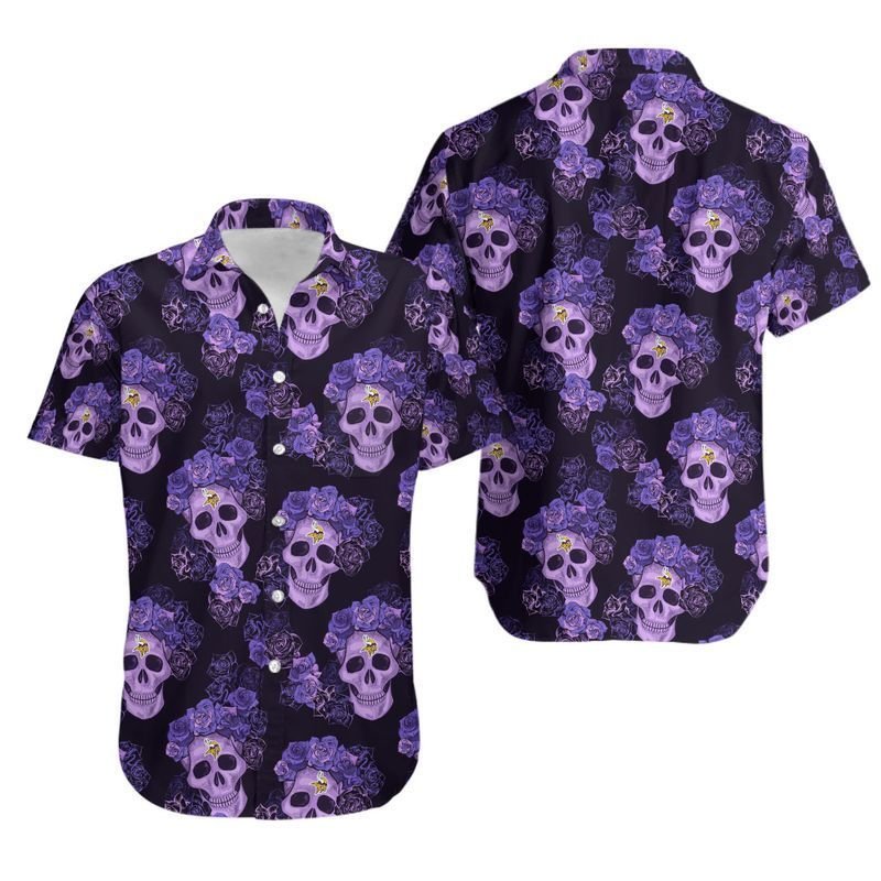 Minnesota Vikings Mystery Skull And Flower Hawaiian Shirt For Fans-1