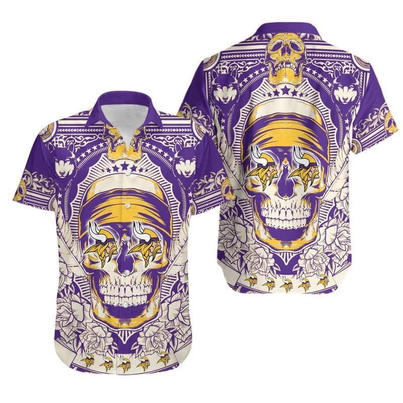Minnesota Vikings Skull Nfl Hawaiian Shirt For Fans-1