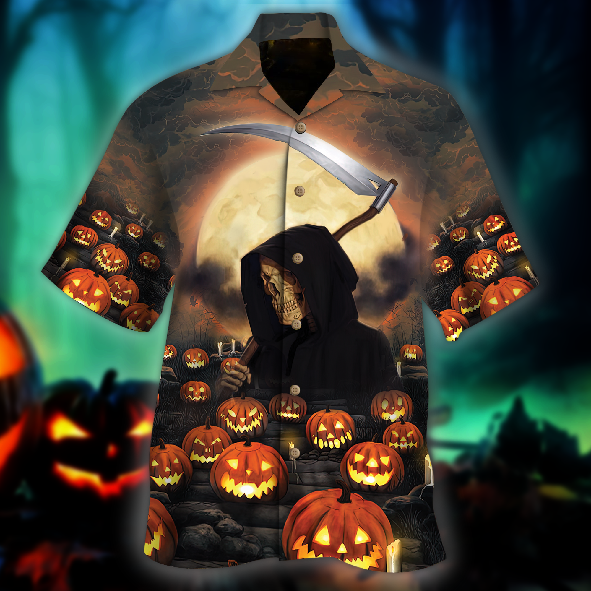 Moonlight Pumpkin Skull Hawaiian Shirt