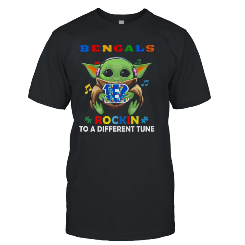 Baby Yoda Hug Cincinnati Bengals Autism Rockin To A Different Tune shirt