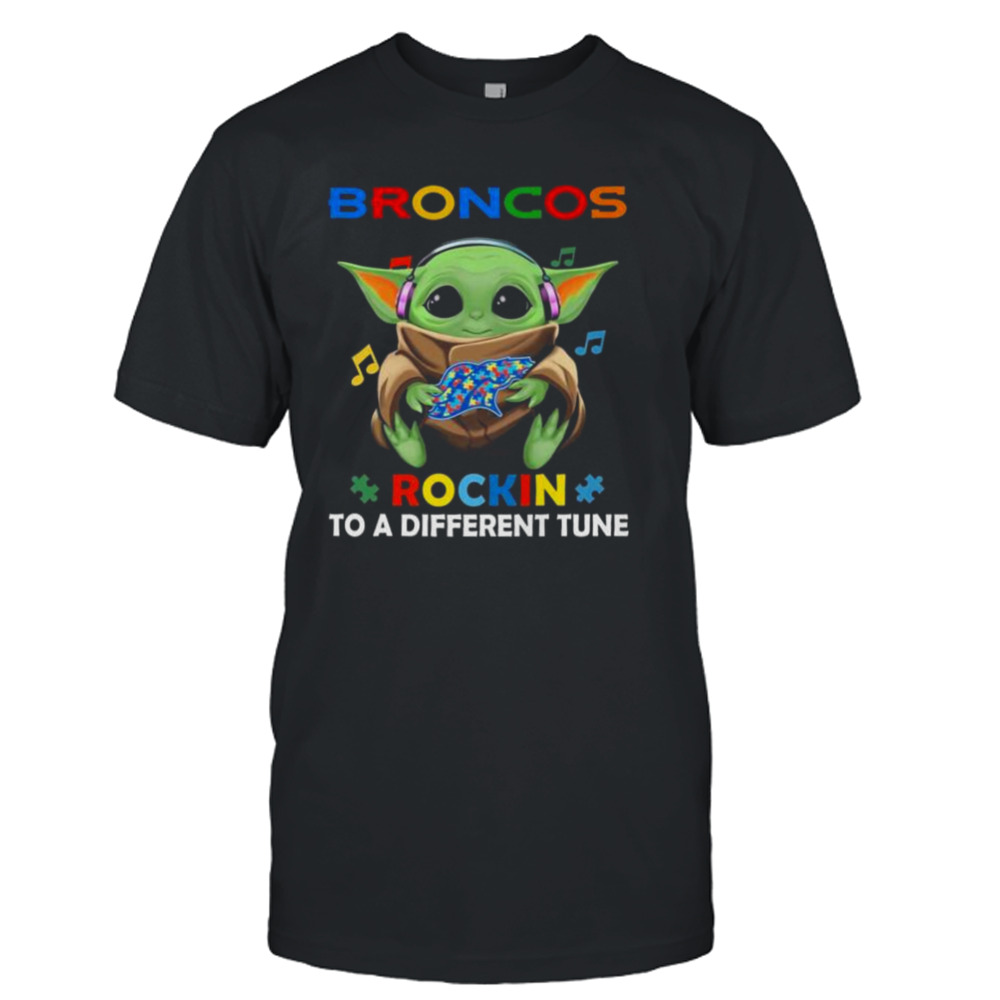 Baby Yoda Hug Denver Broncos Autism Rockin To A Different Tune shirt
