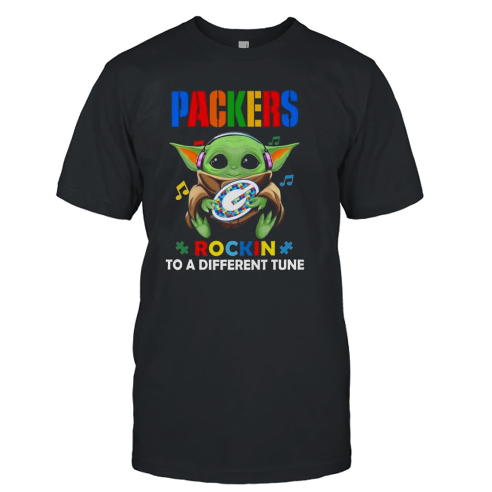 Baby Yoda Hug Green Bay Packers Autism Rockin To A Different Tune shirt