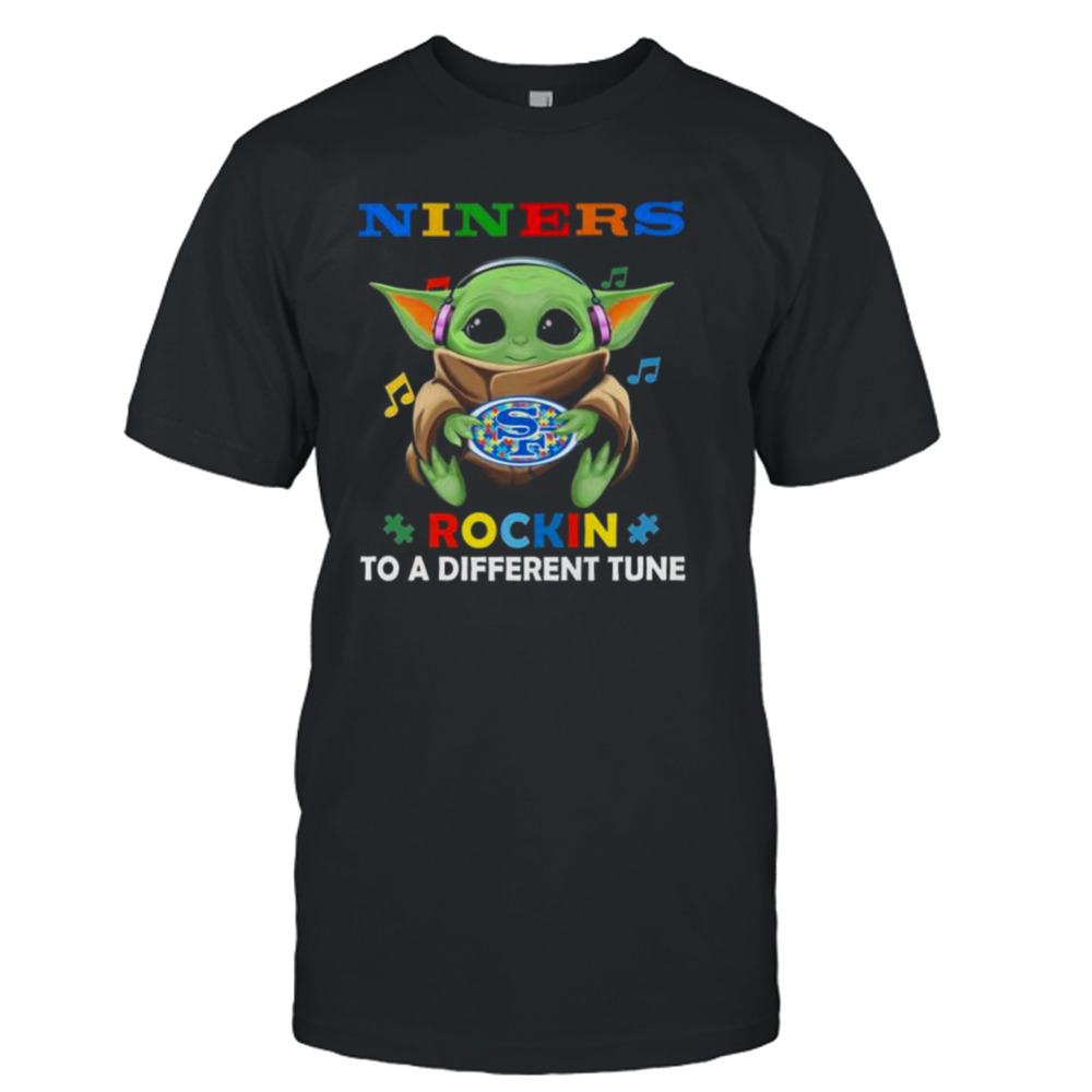 Baby Yoda Hug San Francisco 49ers Autism Rockin To A Different Tune shirt