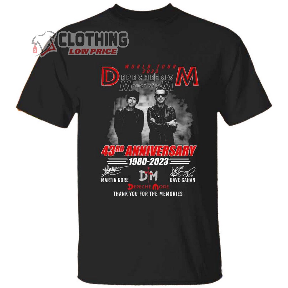 Depeche Mode World Tour 2023 Merch Depeche Mode Memento Mori 43rd Anniversary 1980–2023 Martin Gore And Dave Gahan Thank You For The Memories Signatures T-Shirt