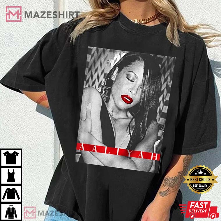 Aaliyah Red Lips with Red Type Block Gift For Fan T-Shirt