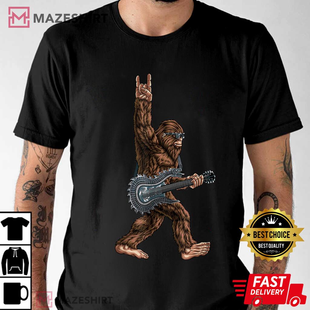 Bigfoot Playing A Dragon Guitar Rock On Sasquatch Big Foot T-Shirt