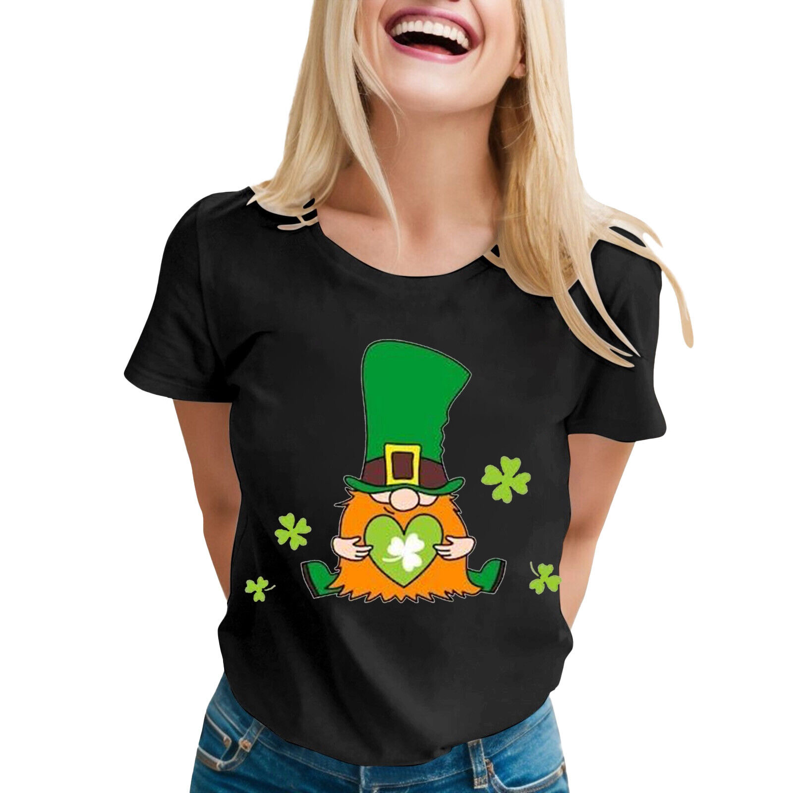 2024 Womens Fashion St. Patrick’s Day Printed Round Ladies Long Sleeve T Shirt