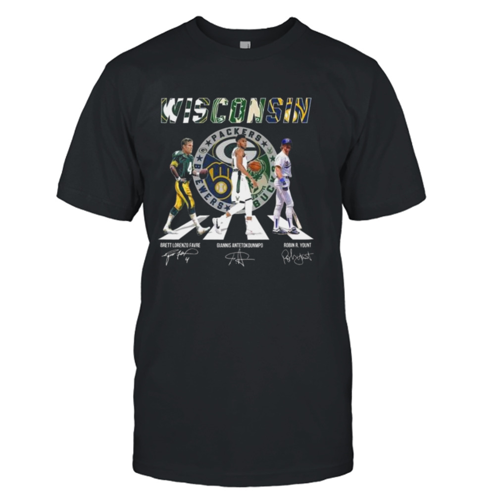 Wisconsin Sports Abbey Road Brett Lorenzo Favre Giannis Antetokounmpo And Robin R Yount Signatures Shirt