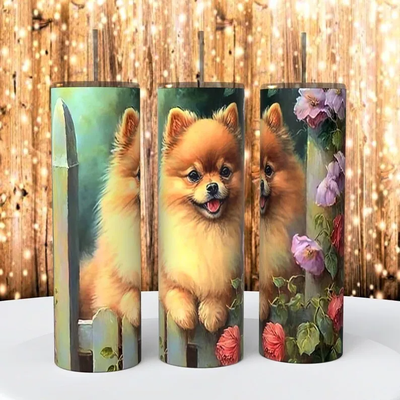 Cute Pomeranian Dog With Flowers On A 20 Ounce Insulated Coffee Cup