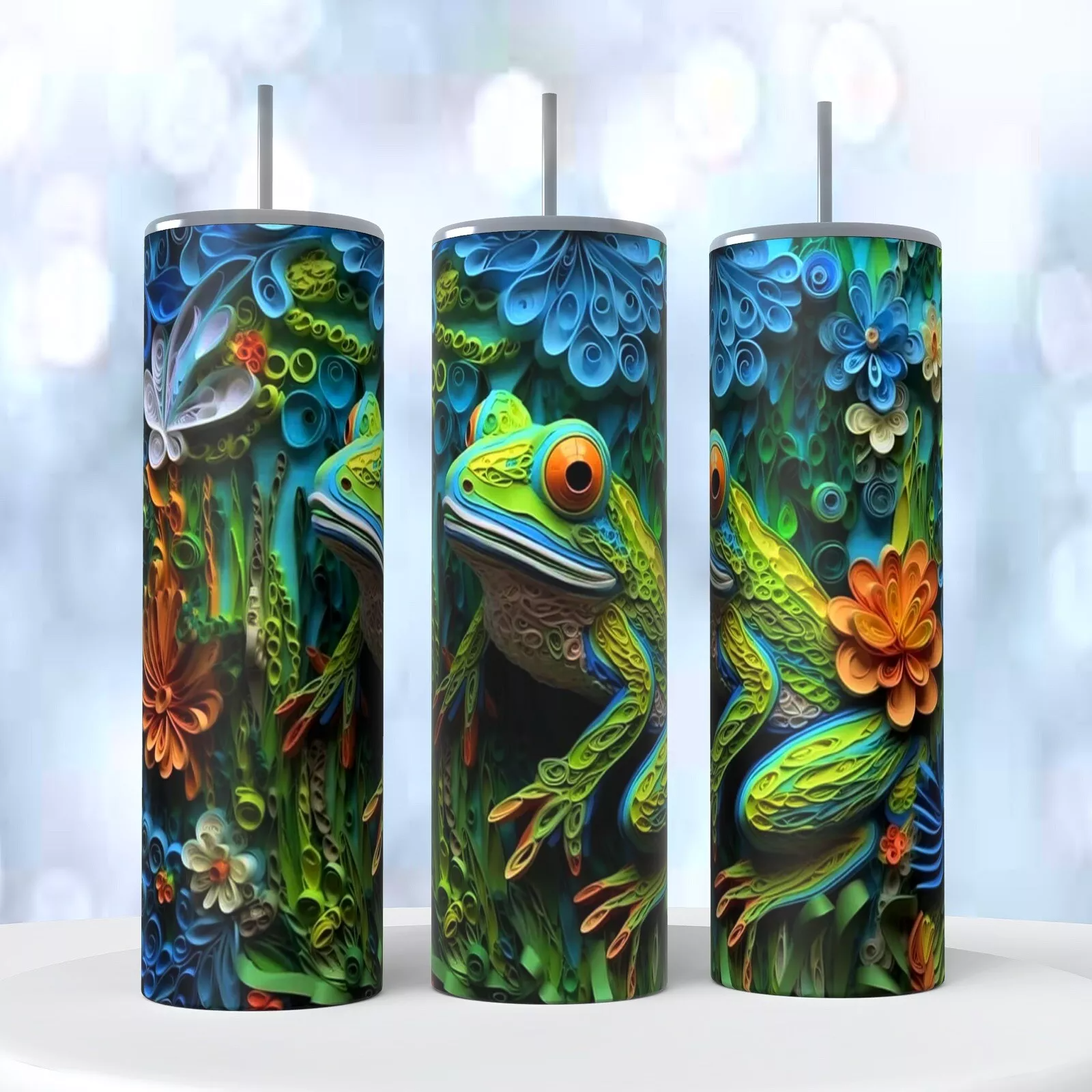 Green Frog Paper Quilling 3d Look On A 20 Ounce Tumbler Insulated Coffee Cup