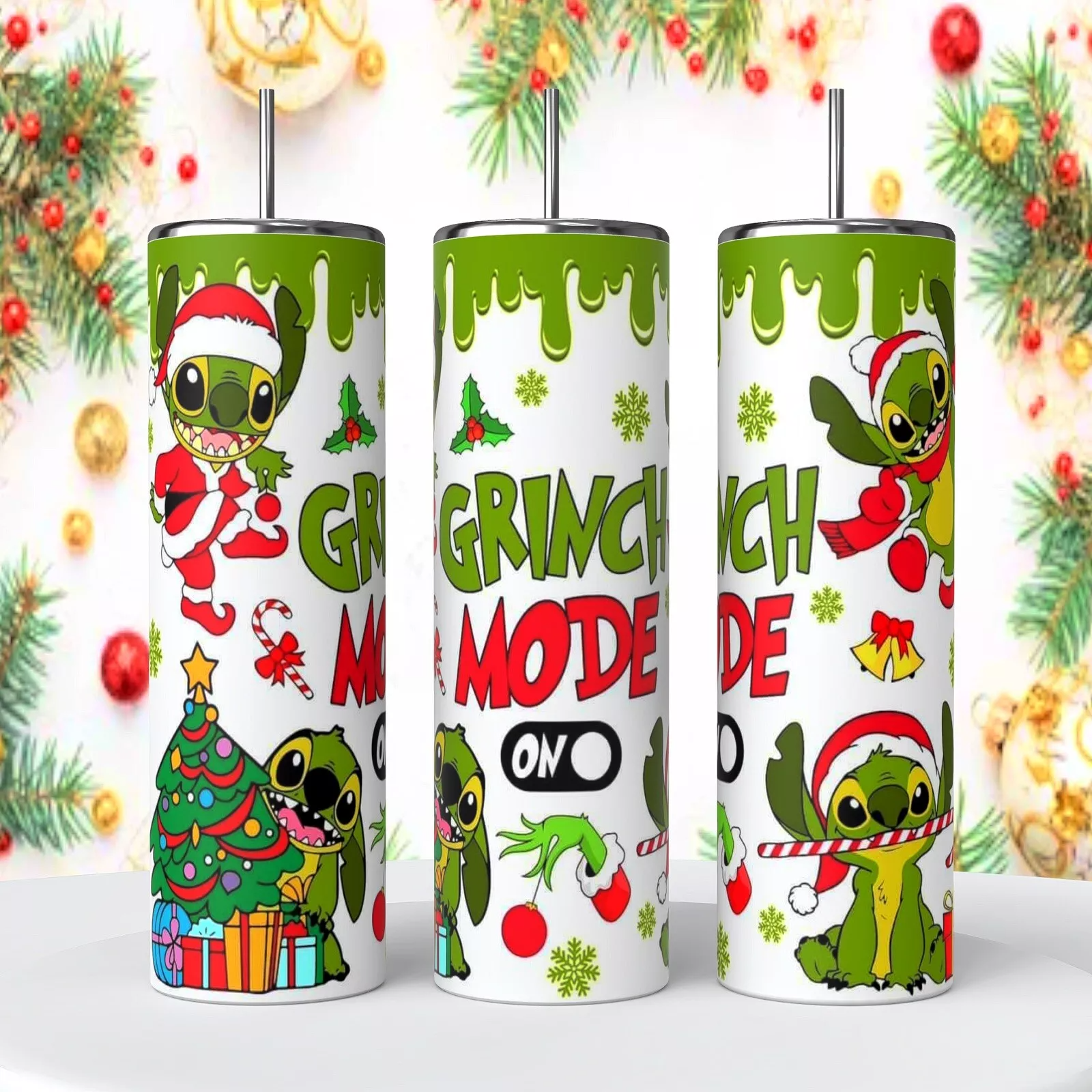 Green Mean Monster Mode Christmas On 20 Oz Tumbler Insulated Coffee Cup