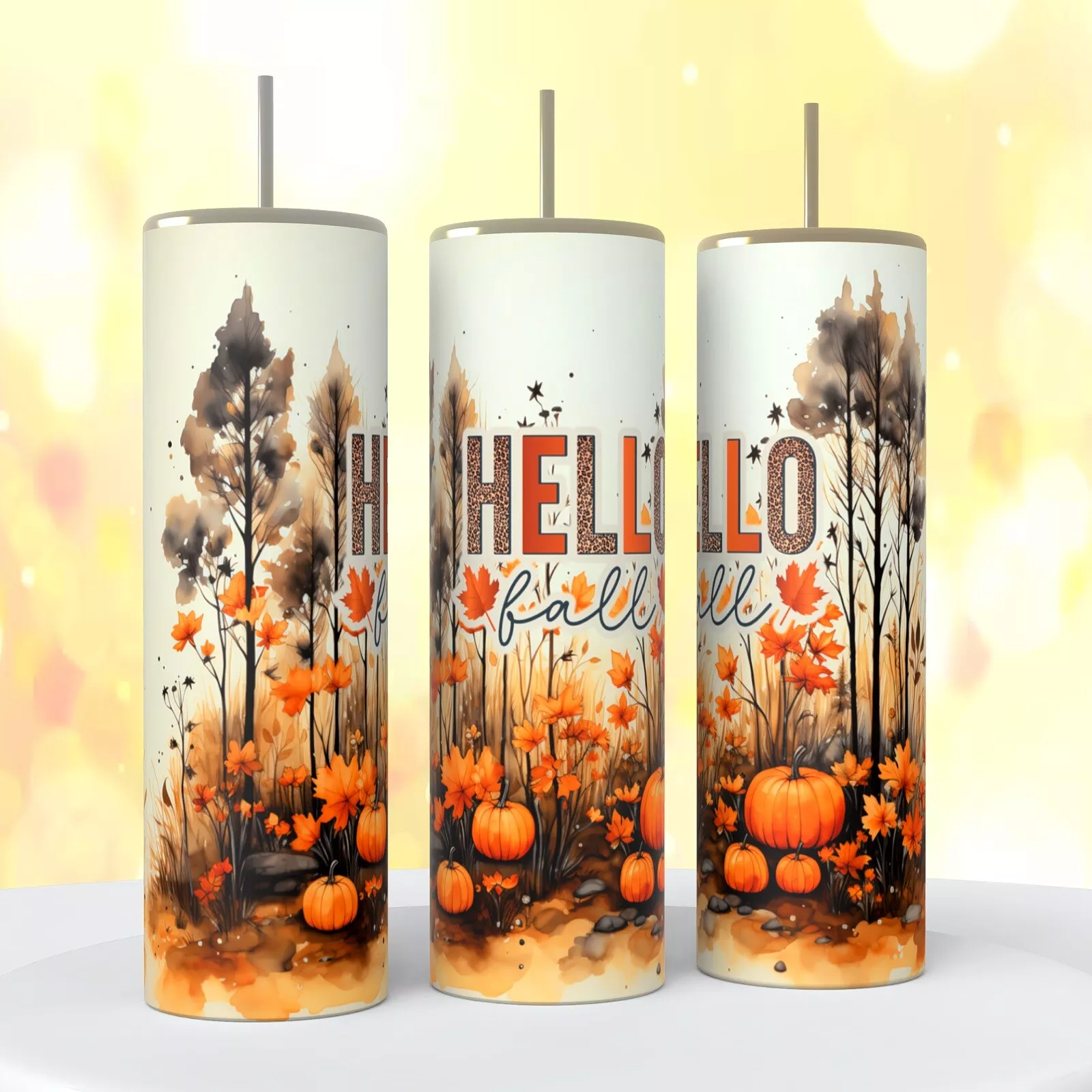 Hello Fall Watercolor Pumpkins Trees Image On 20 Oz Tumbler Insulated Coffee Cup